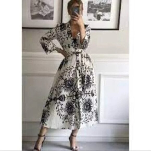 Zara Floral Printed Black White Kimono Belt Dress L - Picture 3 of 15